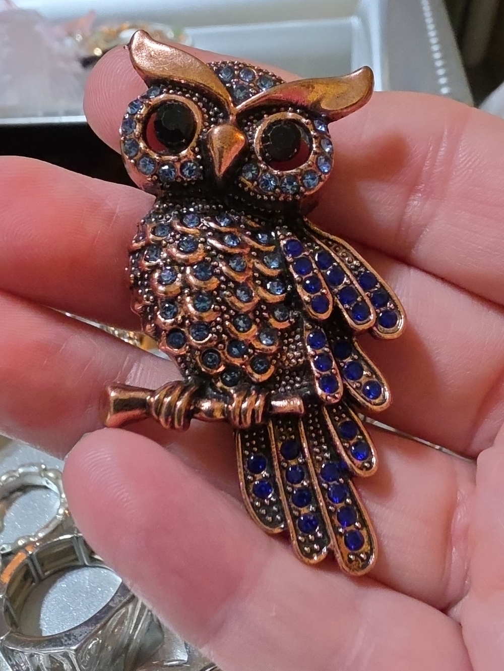 A23- Vintage-Inspired Blue Crystal Owl Brooch